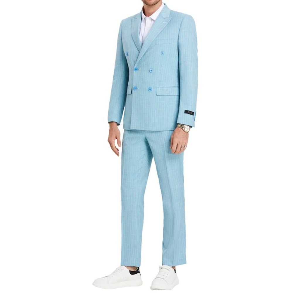 SKINNY FIT DOUBLE-BREASTED SUIT PINSTRIPE, CELESTE, By Tazio